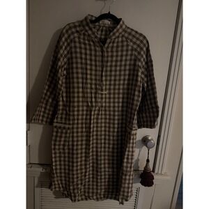 Samansa Mos2 SM2 hi-end Brown Gingham Linen Blend Shirt Dress Mori  Medium NWOT